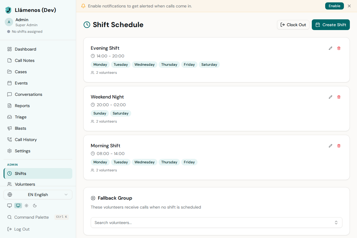 Shifts - Desktop view